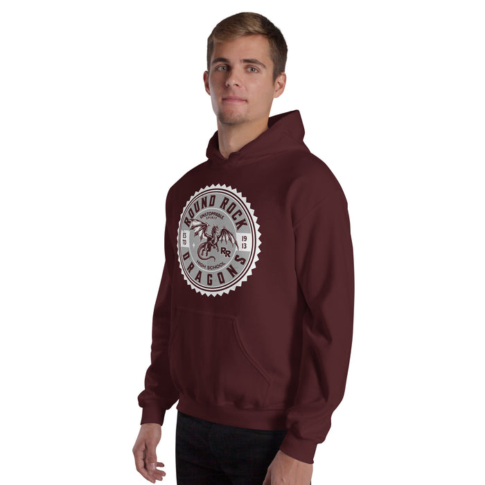 Man wearing Round Rock High School Dragons Maroon Classic Unisex Hoodie 203