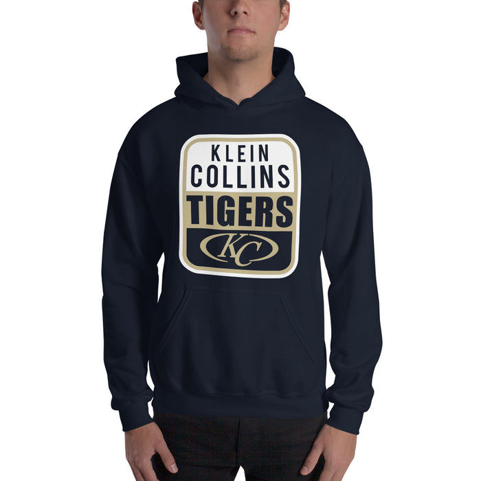 Man wearing a Klein Collins High School Tigers Navy Classic Unisex Hoodie 01