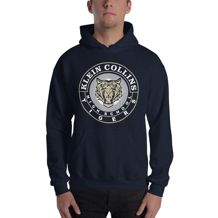 Man wearing a Klein Collins High School Tigers Navy Classic Unisex Hoodie 02