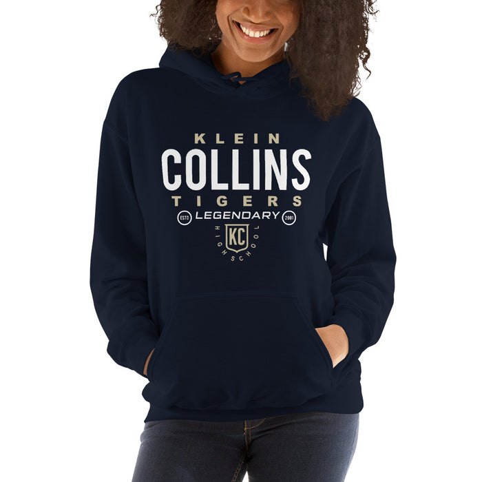 Woman wearing a Klein Collins High School Tigers Navy Classic Unisex Hoodie 03