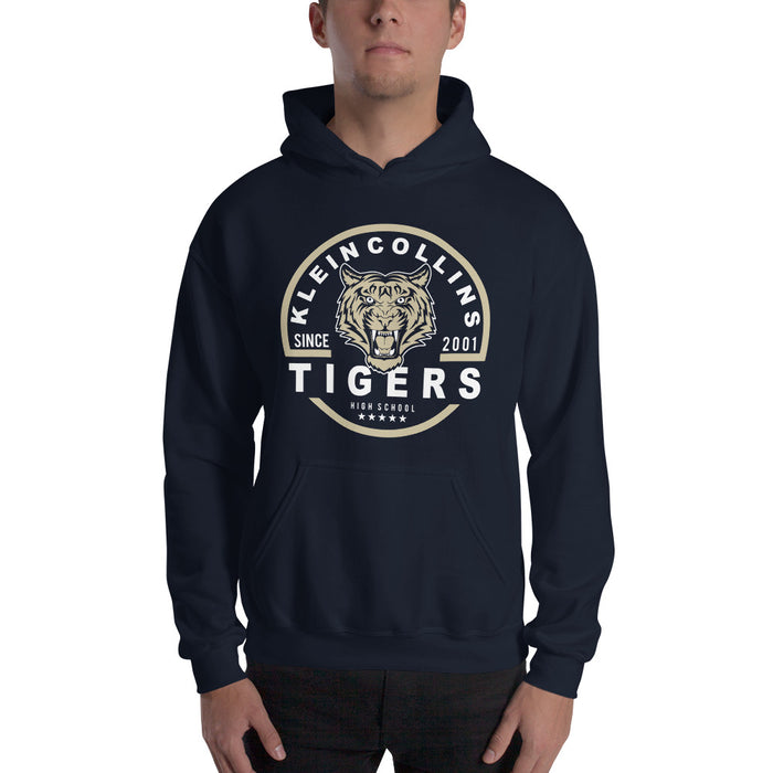 Man wearing a Klein Collins High School Tigers Navy Classic Unisex Hoodie 04