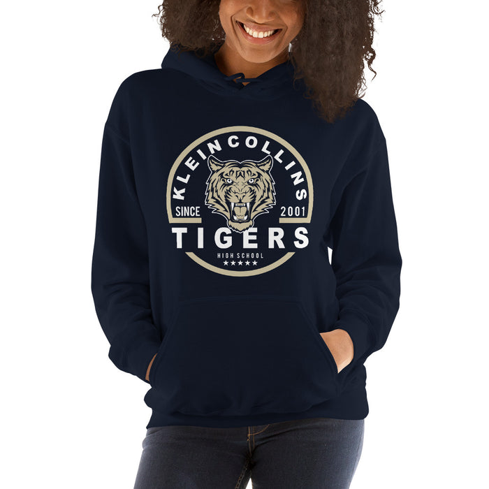 Woman wearing a Klein Collins High School Tigers Navy Classic Unisex Hoodie 04