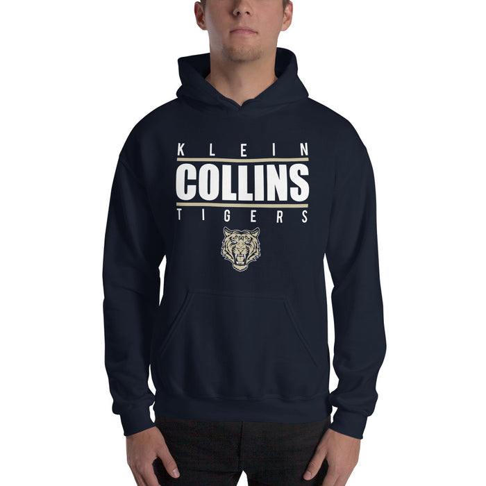 Man wearing a Klein Collins High School Tigers Navy Classic Unisex Hoodie 07