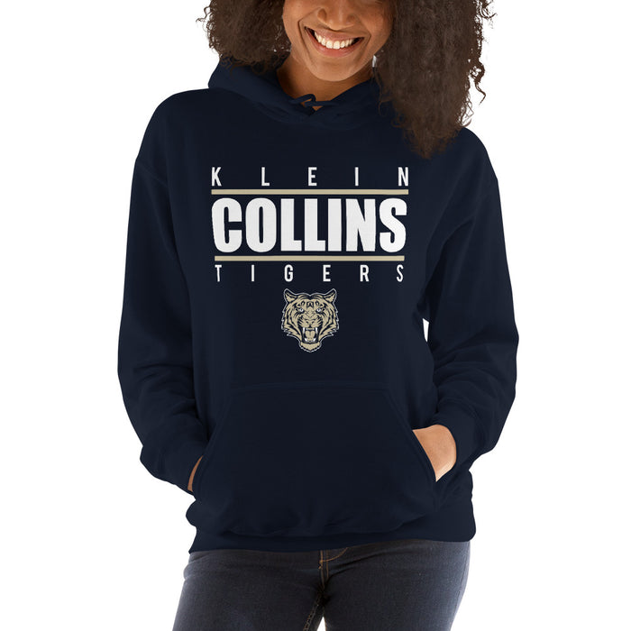 Woman wearing a Klein Collins High School Tigers Navy Classic Unisex Hoodie 07