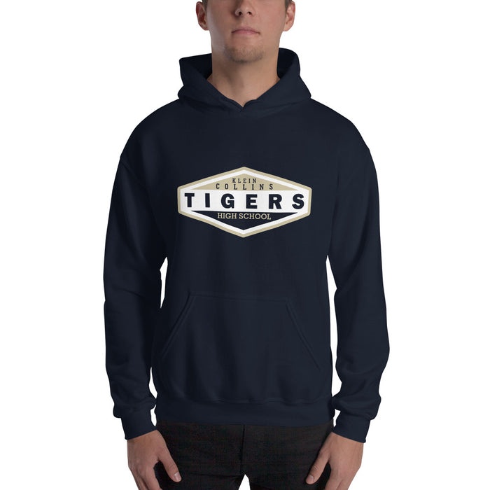 Man wearing a Klein Collins High School Tigers Navy Classic Unisex Hoodie 09