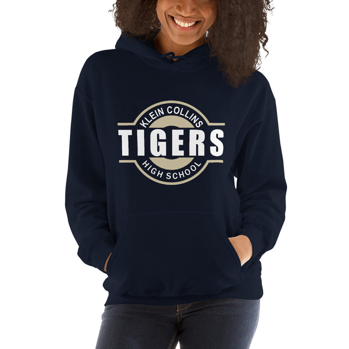 Woman wearing a Klein Collins High School Tigers Navy Classic Unisex Hoodie 11