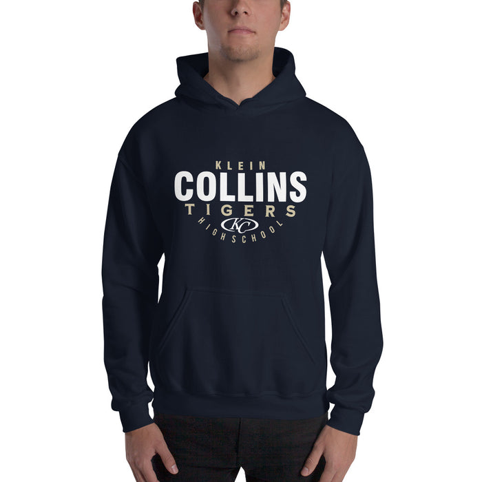 Man wearing a Klein Collins High School Tigers Navy Classic Unisex Hoodie 12