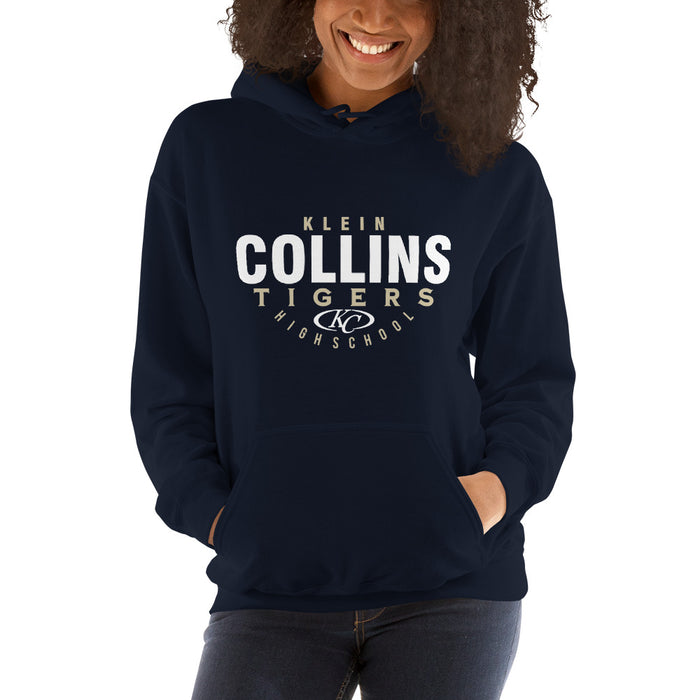 Woman wearing a Klein Collins High School Tigers Navy Classic Unisex Hoodie 12