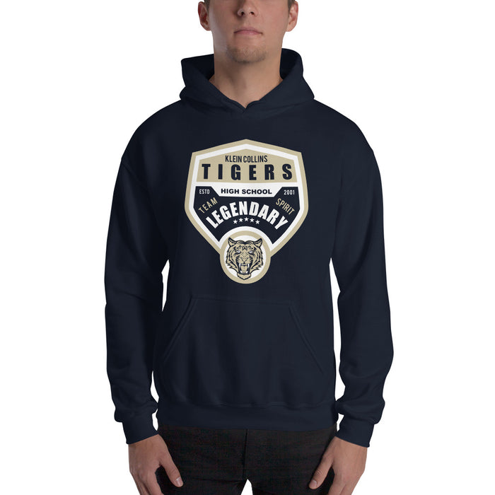 Man wearing a Klein Collins High School Tigers Navy Classic Unisex Hoodie 14