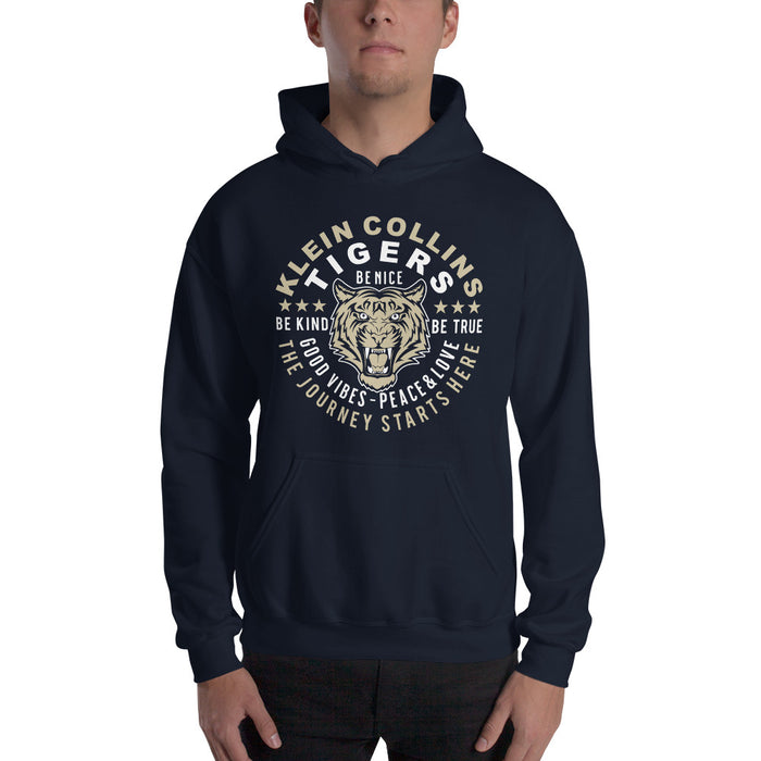 Man wearing a Klein Collins High School Tigers Navy Classic Unisex Hoodie 16