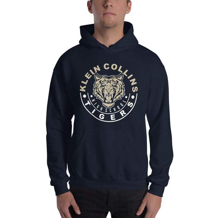 Man wearing a Klein Collins High School Tigers Navy Classic Unisex Hoodie 19