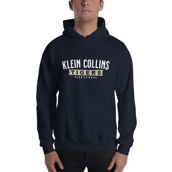 Man wearing a Klein Collins High School Tigers Navy Classic Unisex Hoodie 21