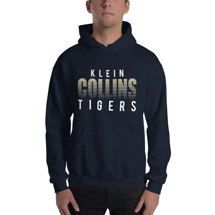 Man wearing a Klein Collins High School Tigers Navy Classic Unisex Hoodie 24