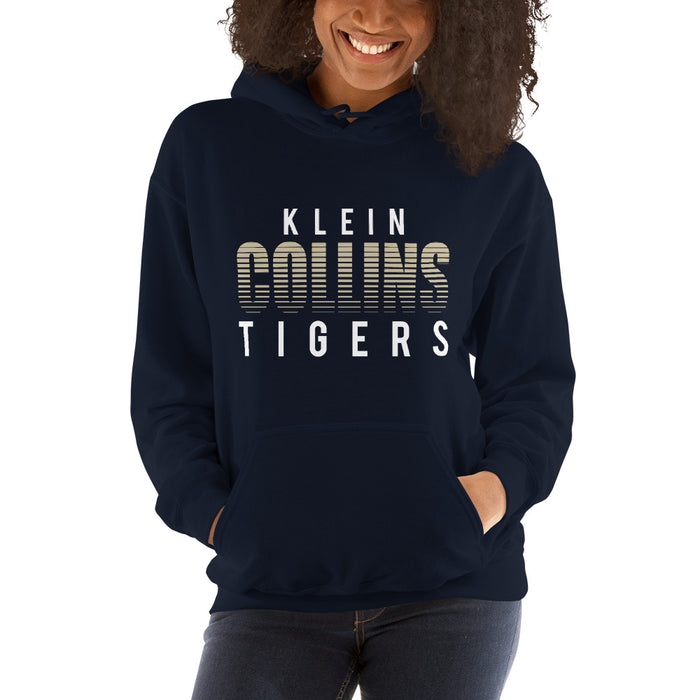 Woman wearing a Klein Collins High School Tigers Navy Classic Unisex Hoodie 24