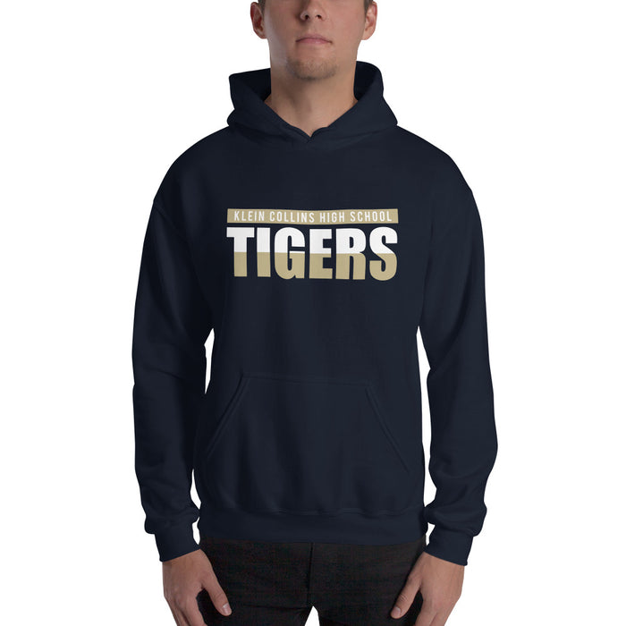 Man wearing a Klein Collins High School Tigers Navy Classic Unisex Hoodie 25