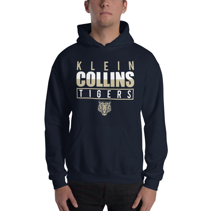 Man wearing a Klein Collins High School Tigers Navy Classic Unisex Hoodie 29