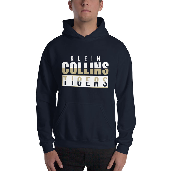 Man wearing a Klein Collins High School Tigers Navy Classic Unisex Hoodie 31