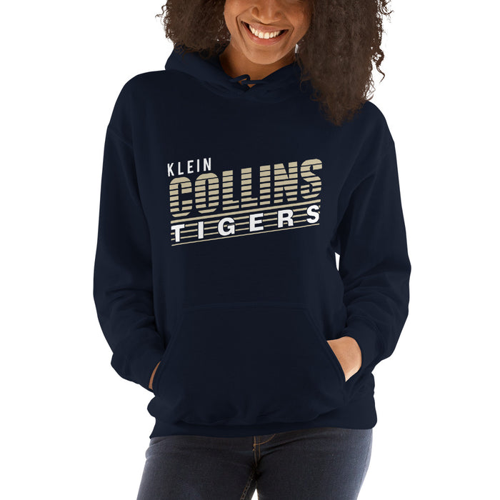 Woman wearing a Klein Collins High School Tigers Navy Classic Unisex Hoodie 32