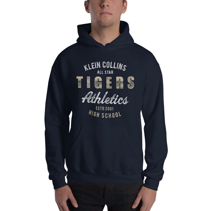 Man wearing a Klein Collins High School Tigers Navy Classic Unisex Hoodie 34