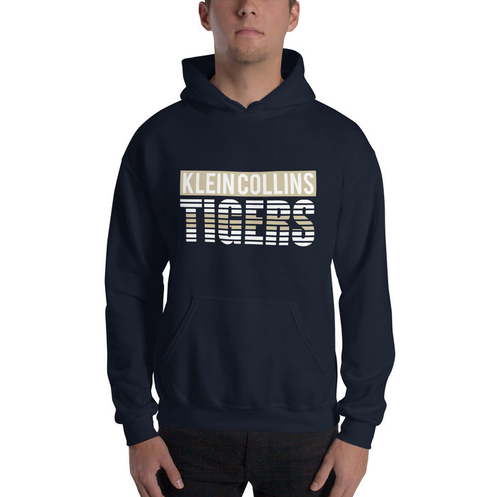 Man wearing a Klein Collins High School Tigers Navy Classic Unisex Hoodie 35