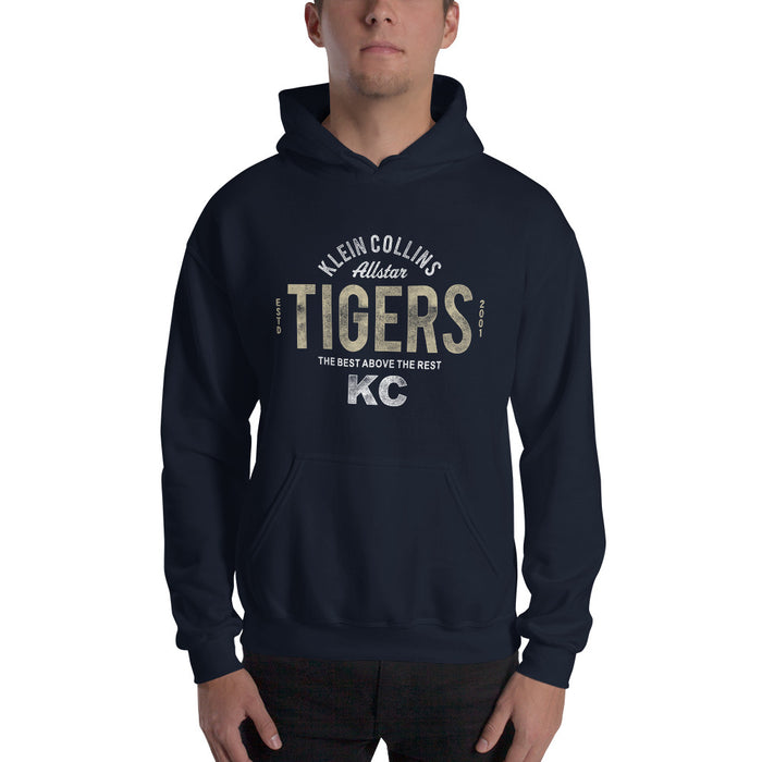 Man wearing a Klein Collins High School Tigers Navy Classic Unisex Hoodie 40