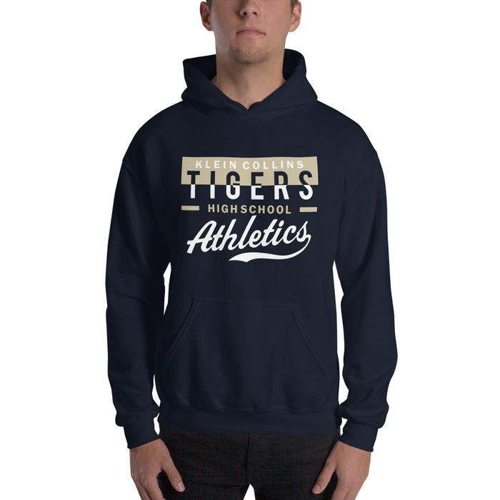 Man wearing a Klein Collins High School Tigers Navy Classic Unisex Hoodie 48