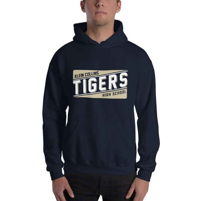 Man wearing a Klein Collins High School Tigers Navy Classic Unisex Hoodie 84