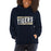 Woman wearing a Klein Collins High School Tigers Navy Classic Unisex Hoodie 84