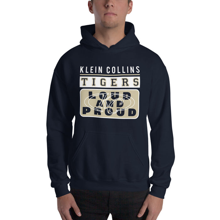 Man wearing a Klein Collins High School Tigers Navy Classic Unisex Hoodie 86