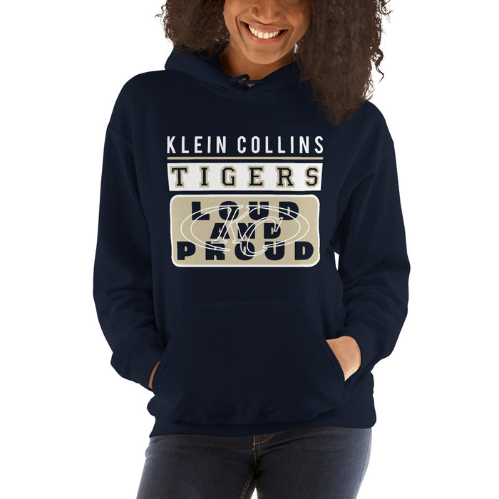 Woman wearing a Klein Collins High School Tigers Navy Classic Unisex Hoodie 86