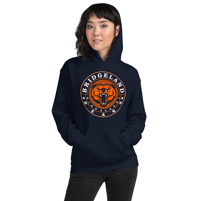 Woman wearing a Bridgeland High School Bears Navy Classic Unisex Hoodie 02