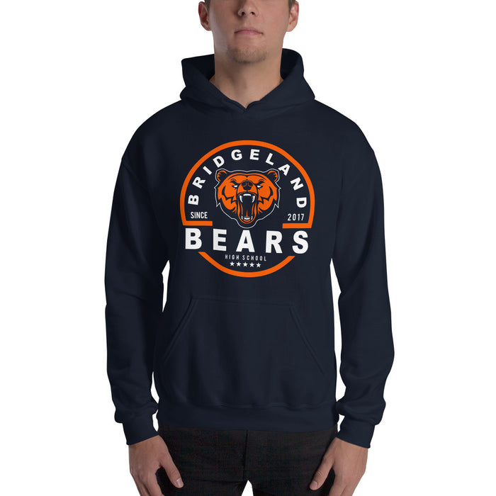 Man wearing a Bridgeland High School Bears Navy Classic Unisex Hoodie 04