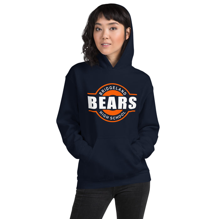 Woman wearing a Bridgeland High School Bears Navy Classic Unisex Hoodie 11