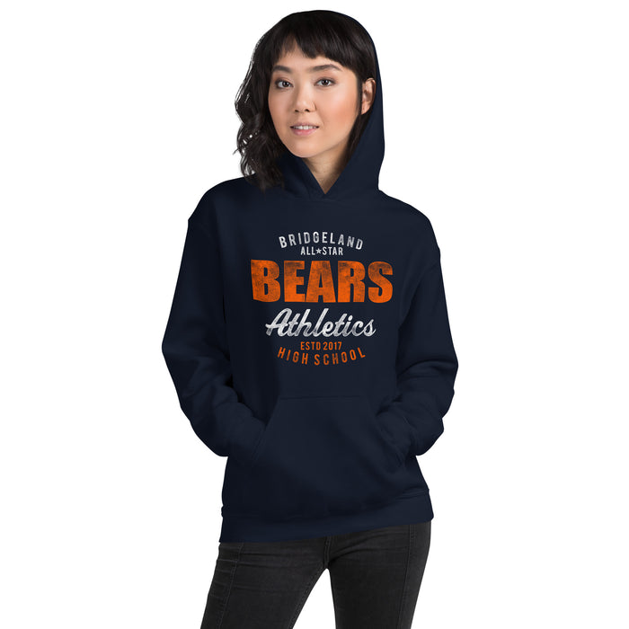 Woman wearing a Bridgeland High School Bears Navy Classic Unisex Hoodie 34