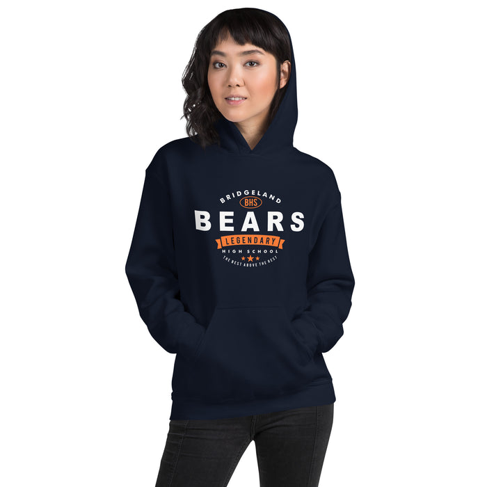 Woman wearing a Bridgeland High School Bears Navy Classic Unisex Hoodie 44