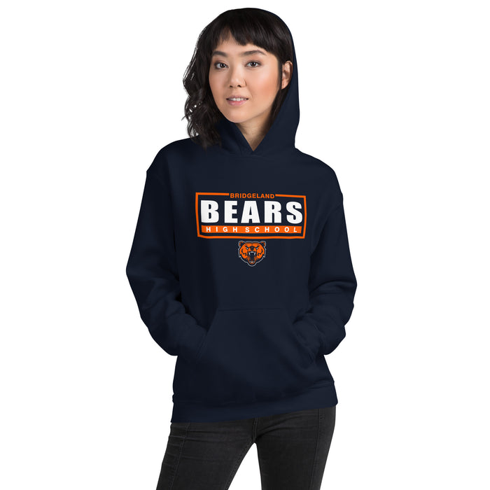 Woman wearing a Bridgeland High School Bears Navy Classic Unisex Hoodie 49