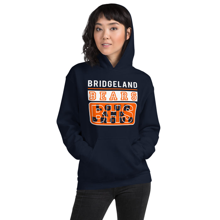 Woman wearing a Bridgeland High School Bears Navy Classic Unisex Hoodie 86