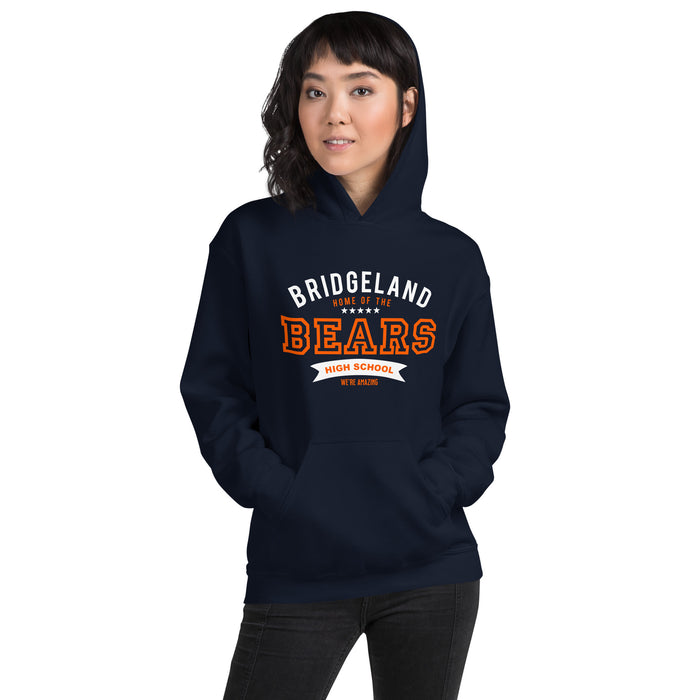 Woman wearing a Bridgeland High School Bears Navy Classic Unisex Hoodie 96