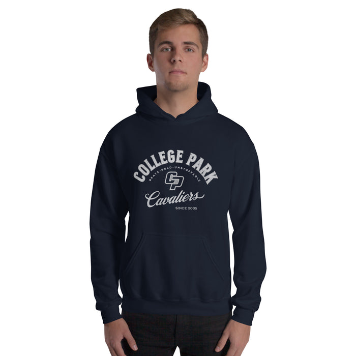 Man wearing a College Park High School Navy Classic Unisex Hoodie 201