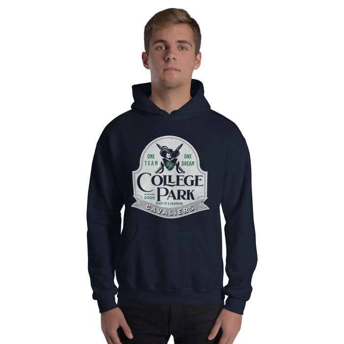 Man wearing a College Park High School Navy Classic Unisex Hoodie 208