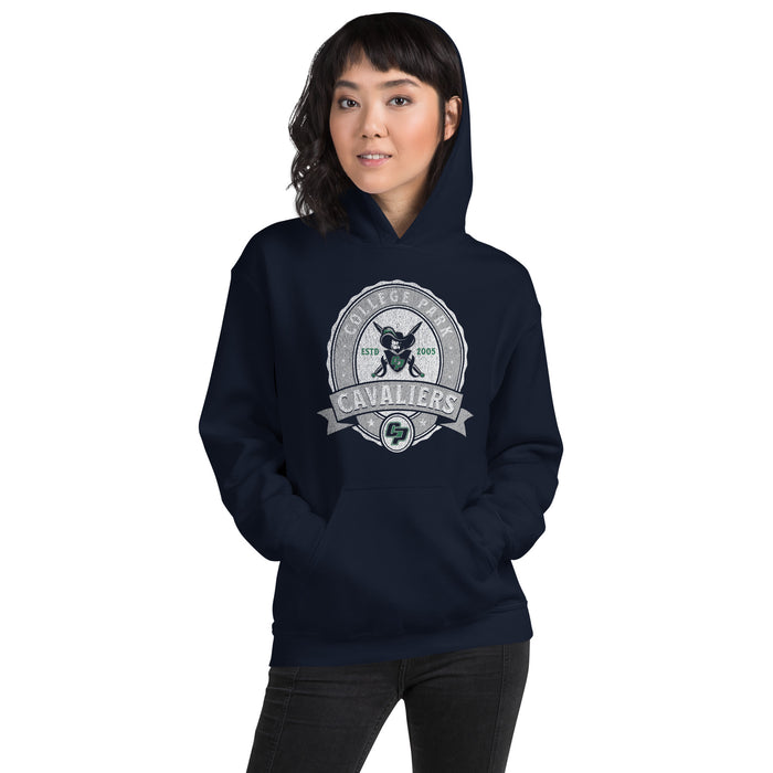 Woman wearing a College Park High School Navy Classic Unisex Hoodie 213