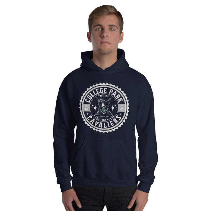 Man wearing a College Park High School Navy Classic Unisex Hoodie 215