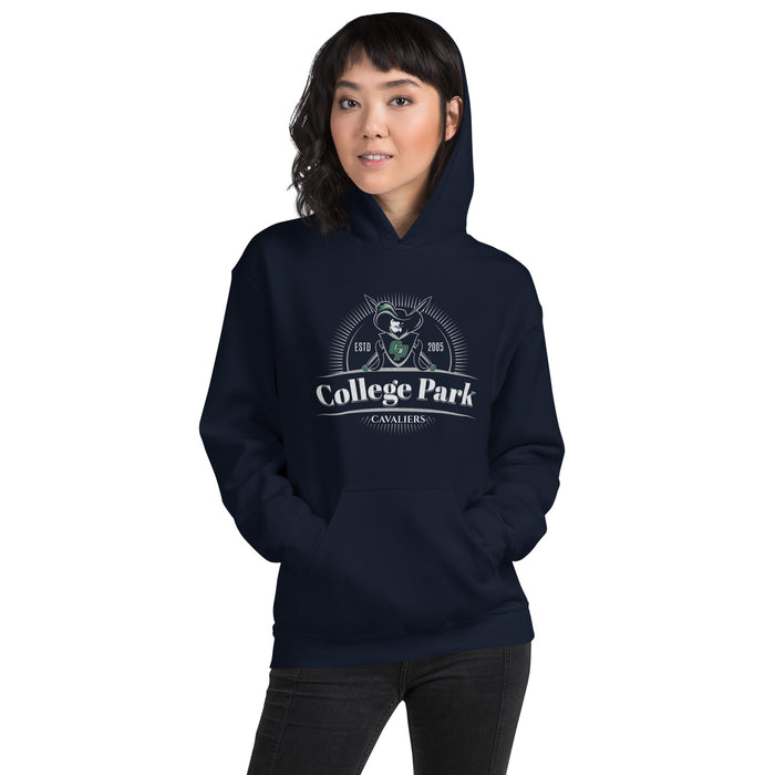 Woman wearing a College Park High School Navy Classic Unisex Hoodie 219