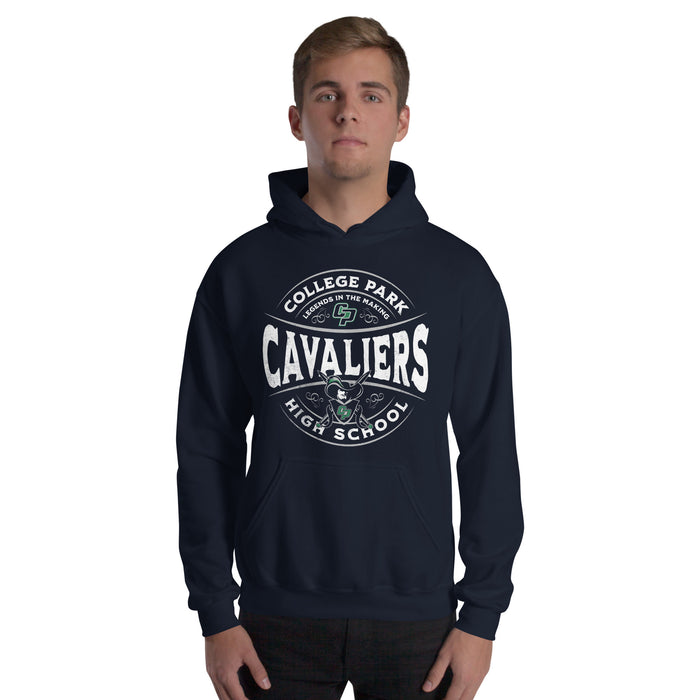 Man wearing a College Park High School Navy Classic Unisex Hoodie 220