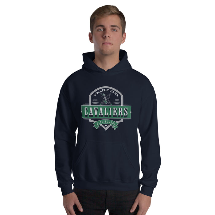 Man wearing a College Park High School Navy Classic Unisex Hoodie 223