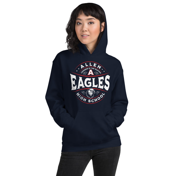 Woman wearing a Allen High School Eagles Classic Navy Unisex Hoodie 219