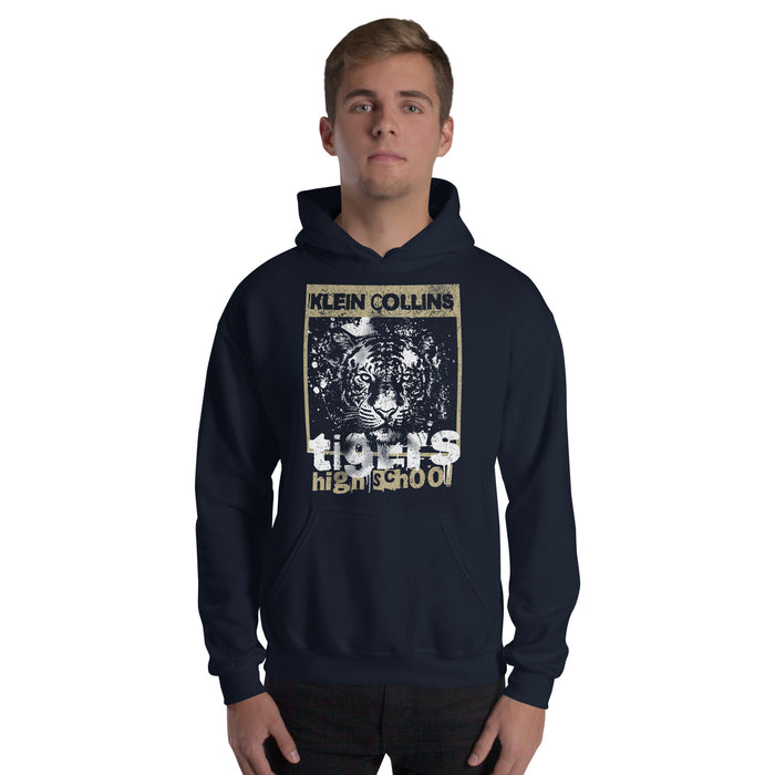 Man wearing a Klein Collins High School Tigers Navy Classic Unisex Hoodie 202