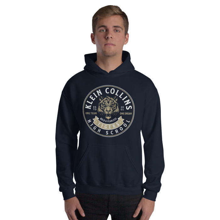 Man wearing a Klein Collins High School Tigers Navy Classic Unisex Hoodie 203