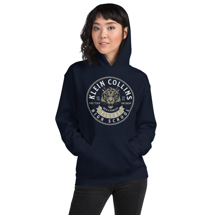 Woman wearing a Klein Collins High School Tigers Navy Classic Unisex Hoodie 203