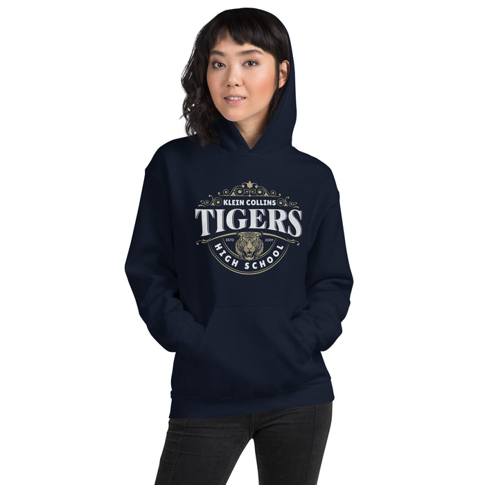 Woman wearing a Klein Collins High School Tigers Navy Classic Unisex Hoodie 206